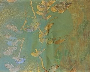 Obi - Vintage gold thread pine embroidery on sage green background
